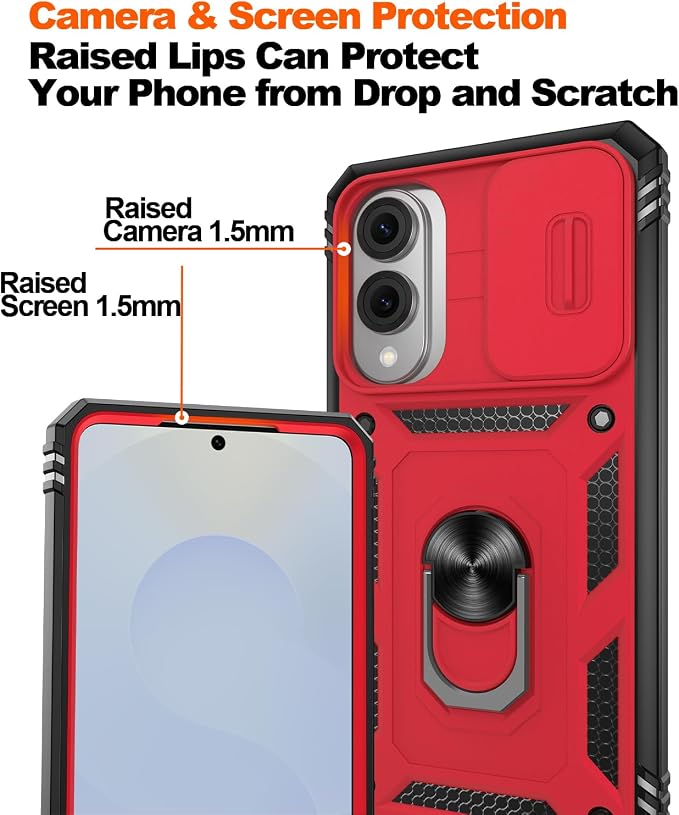 Gritup Fit for Samsung Galaxy S25 Edge Case with Slide Camera Cover | 2 Pcs Screen Protector, Build in 360° Rotating Ring Kickstand, Military Grade Protective Phone Case, Red+Black - Image 5