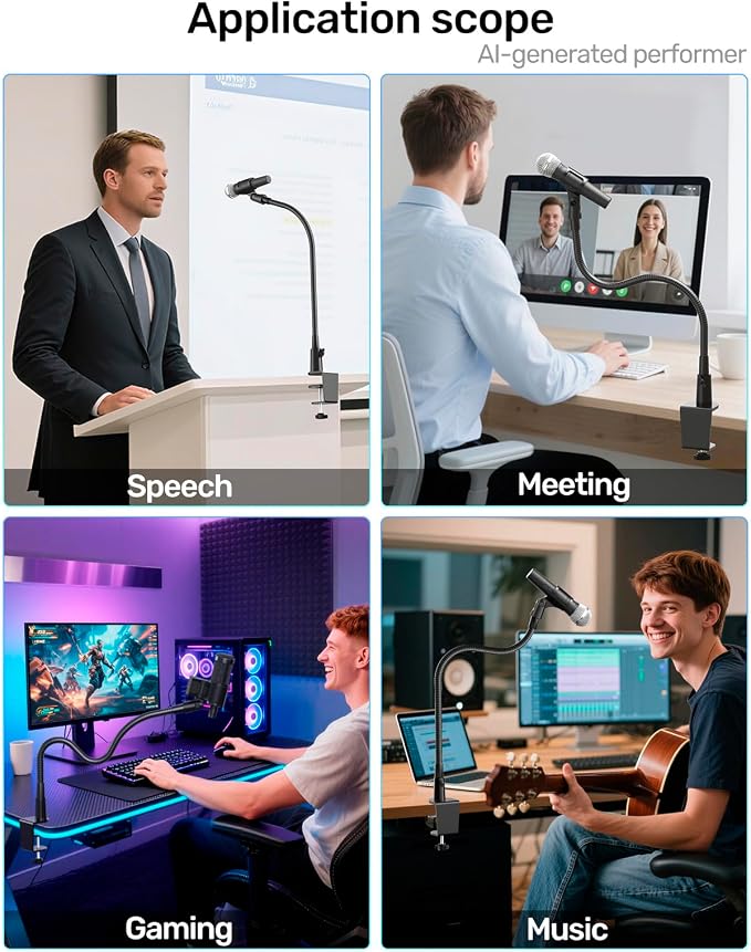 19" Flexible Gooseneck Mic Stand with Desk Clamp【Heavy Duty】, Dual Holder | Upgraded Desk Clamp, 2 Mic Holders, 1/4" and 3/8" Adapters, Ideal for Gaming, Live Streaming, Podcast, Conference, and Podium - Image 8