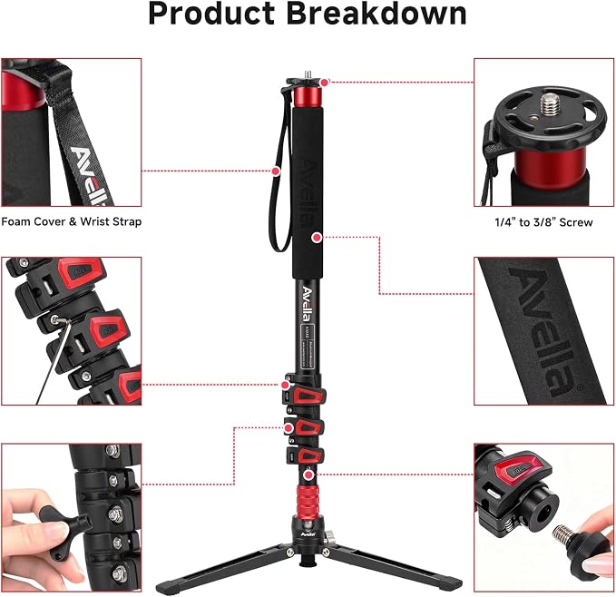 Avella A324D Aluminum Camera Monopod, 67 Inch | Professional, Telescopic Video Monopods, Base Tripod, For Canon Nikon Sony Olympus Panasonic DSLR Camera - Image 2