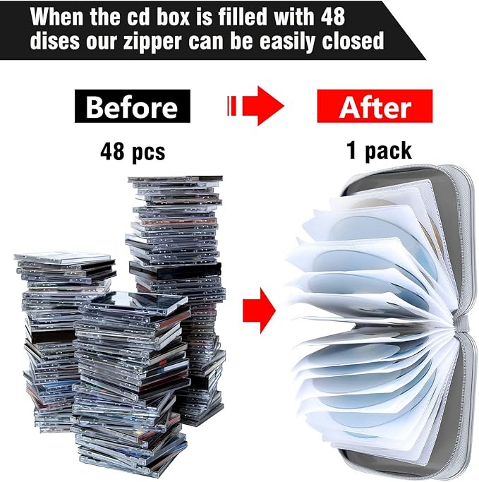 Siveit DVD Case Holder Binder Wallet Hard Plastic 48 Capacity CD/DVD Disc Cases Storage Binder for Car, Home, Office, Travel (Silver) - Image 4