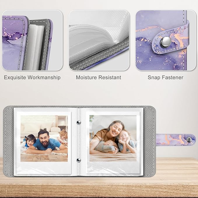 Fintie Small Photo Album Book for 3.5x4.25" Polaroid Films - 52 Pockets | For Polaoird I-Type/600/Sx-70 Films, Fujifilm Instax Wide Pictures Albums Book, Boys & Girls Memory Keepsakes, Lilac Marble - Image 3