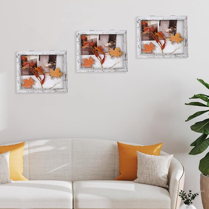 Muzilife 8x10 Shadow Box Picture Frame, 2.16 Deep, Real Glass, Rustic White | FSC-Wood, Magnetic Door, Linen Interior & Pins, Vertical, Horizontal Wall Hanging, Display Case Frame for Photos & Keepsakes - Image 6