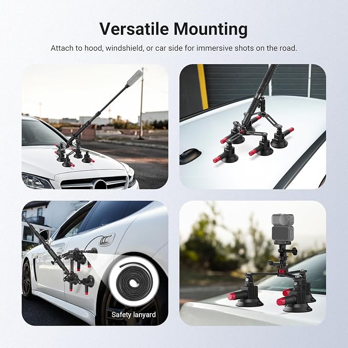 NEEWER 5 in 1 Suction Car Mount Kit Compatible with Insta 360 X5 X4 X3 Insta360 X2 GoPro Max DJI OSMO 360 Action Camera Accessories, Quick Release with Invisible Selfie Stick for Windshield, CA075 - Image 7