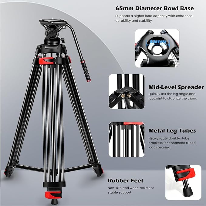 Mactrem 82"/210cm Fluid Head Tripod - Heavy Duty Video Tripod for Camera | Aluminum alloy, 33lb load capacity, 210cm max height, compatible with Canon/Nikon/Sony DSLR, camcorders, telescopes - Image 7