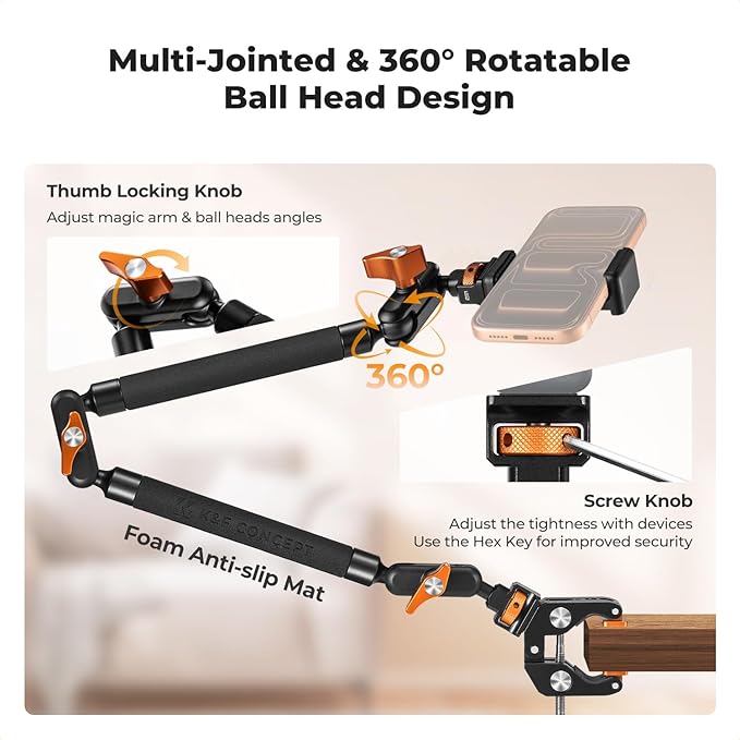 K&F CONCEPT 22" Magic Arm Clamp Kit, Overhead Desk Camera Mount, Long Articulating Friction Boom Arm for Phone, Action Camera, LED Light, Microphone | Long Articulating Friction Boom Arm for Phone, Action Camera, LED Light, Microphone, MS63 - Image 4