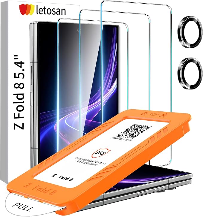 letosan 3 Pack for Samsung Galaxy Z Fold 8 Screen Protector Tempered Glass Wide + 1 Pack Camera Lens Protector, Military Grade Shatterproof, 9H+ Hardness, Auto Alignment Frame 5.4 Inch by letosan