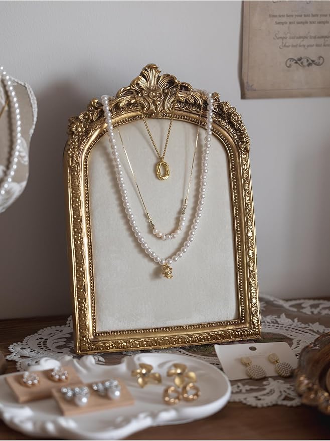 HSDDHOME 10.4"*7" gold Jewelry Display Stand Photo Frame, Resin Vintage Earring Stand, Velvet Necklace Storage Stand, Elegant Decoration for Jewelry and Collectibles-1pack - Image 4