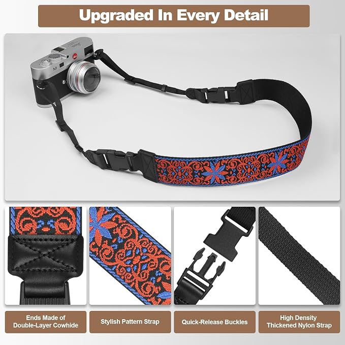 Adjustable Camera Neck Strap, Vintage Embroidered Shoulder & Crossbody Camera Strap with 4 Connection Ways, Anti-Slip Camera Strap for DSLR, Mirrorless & Camcorder, Travel & Outdoor Photography Gear - Image 5
