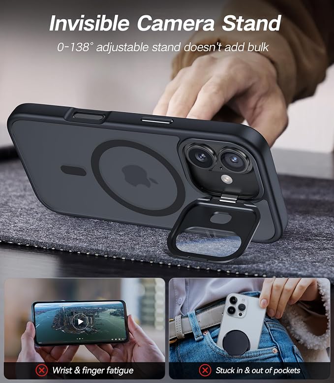 VOFATA [Upgraded] for iPhone 16 Case with Camera Cover Stand [Fit for MagSafe][9H Camera Lens Protector] Mil-Grade Protection Translucent Matte Silicone Magnetic iPhone 16 Phone Case, Black - Image 3