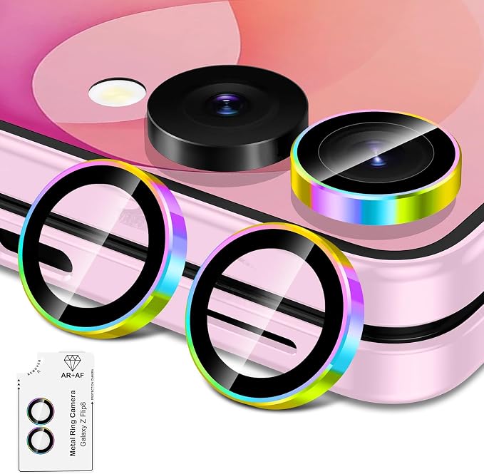 for Samsung Galaxy Z Flip 8 Camera Lens Protector, Individual Metal Ring Tempered Glass Lens Cover, [Strong Adsorption] Scratch Resistant Ultra-Thin HD Clear Lens Cover, 1 Set-Colorful Ring by Btscase