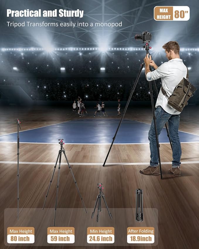 CAMBOFOTO 80"/205cm Camera Tripod, Aluminum Ball Head Tripod for Camera | Travel Tripod with 1/4" QR plate, Detachable Monopod, 33Lbs Load, for DSLR/Camcorder/Binoculars/Telescope/Spotting Scope - Image 3