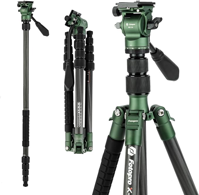 Fotopro 62" Carbon Fiber Travel Tripod, Lightweight Compact Video Tripods with Fluid Head, Detachable Monopod with Arca-Swiss Quick Release Plate and Bag, Camera Tripod Load up to 8KG/17.63lbs, Green by Fotopro