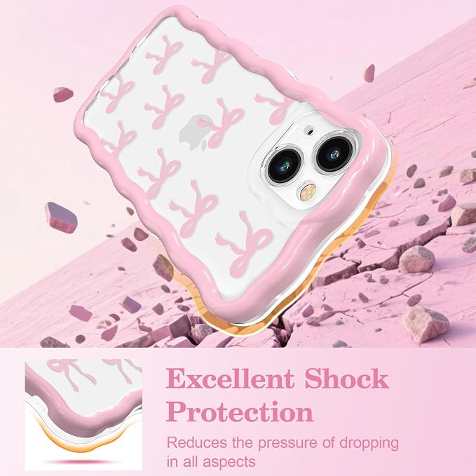 QLTYPRI for iPhone 14 Plus/15 Plus Pink Bow Case,Clear Cute Pink Ribbon Bow Phone Case Curly Wavy Aesthetic Phone Cover,Soft Slim Transparent TPU Shockproof Protective Cover for Women Girls-Ribbon Bow - Image 4