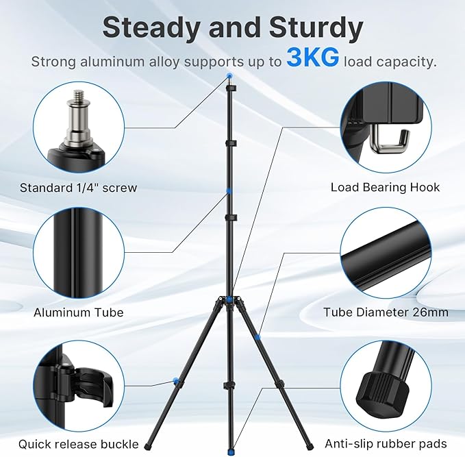ULANZI Black Aluminum Light Stand, 6.32ft Extendable Tripod for Strobe Lights, Webcams, Cameras & Softboxes - Image 3