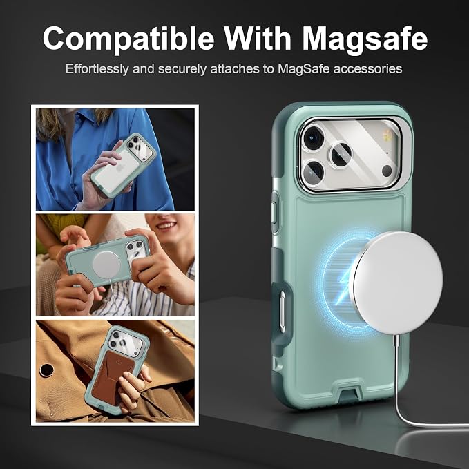 Follaroma Magnetic for iPhone 17 Pro Max Case with Camera Cover Stand,Green | Built-in Glass Camera Cover Stand,Compatible with MagSafe,Heavy Duty Shockproof Protective,Military-Grade Anti-DropDual Case - Image 4