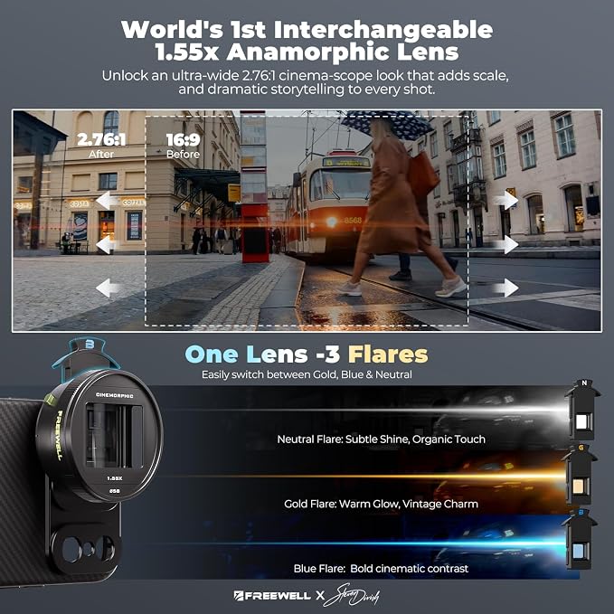 Freewell 1.55x Anamorphic Lens for iPhone & Samsung | 3-in-1 Streak (Neutral, Gold, Blue) - Cinematic Smartphone Lens with Oval Bokeh - Compatible with 17mm Mount Case & Cage - Image 2