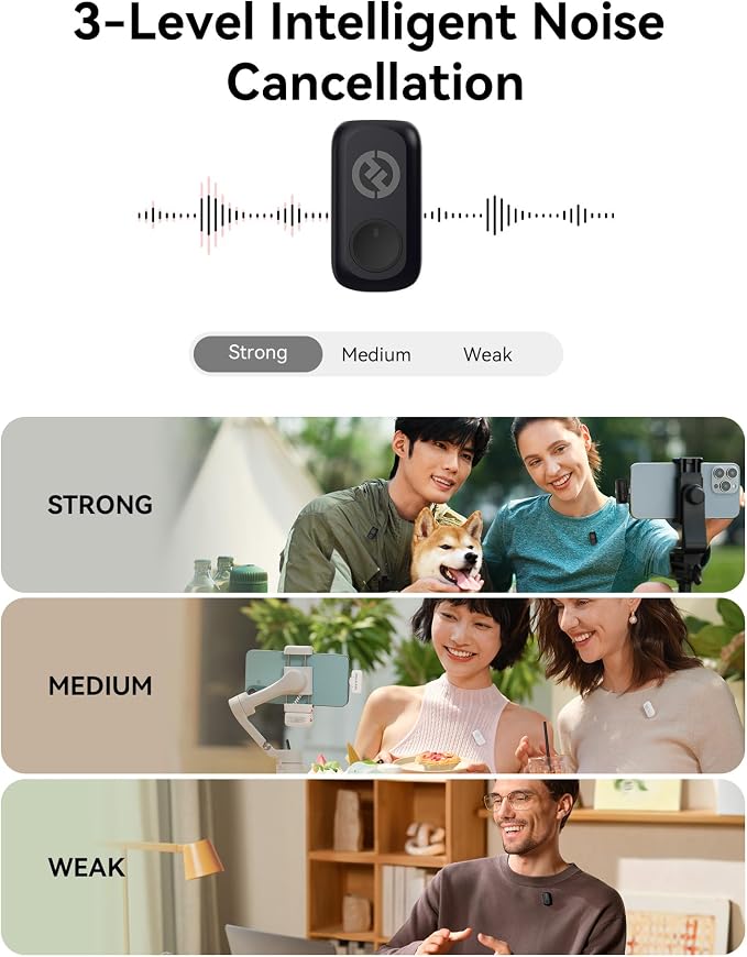 Hollyland Lark A1 Wireless Mini Microphone for iPhone & Android, 48kHz/24-bit, 3-Level Intelligent Noise Cancel, Microphone for YouTube, Podcast, Vlogging (Green, 2TX + 2RX + Charging Case) - Image 3