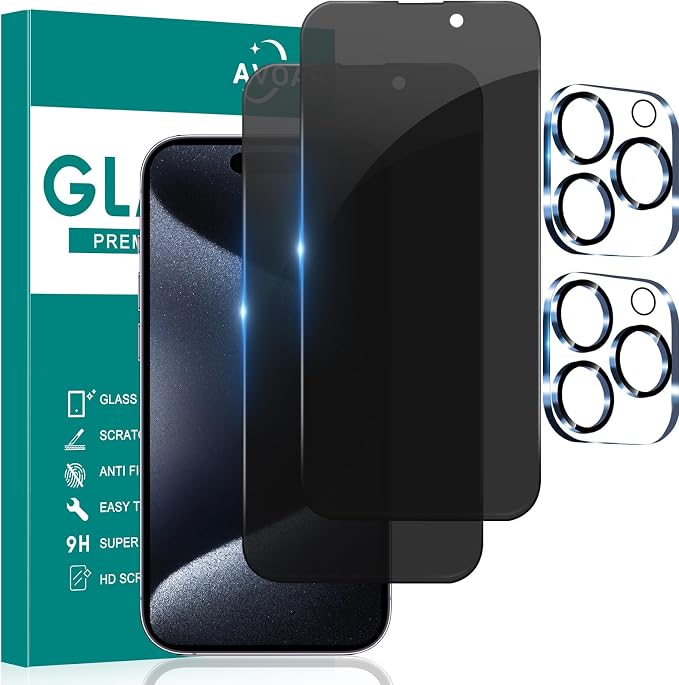 2+2 Pack Privacy Screen Protector for iPhone 15 Pro Max, 6.7 Inch | With Camera Lens Protector, Tempered Full Screen Glass, Anti-Spy, Bubble Free, Case Friendly by AVOAR