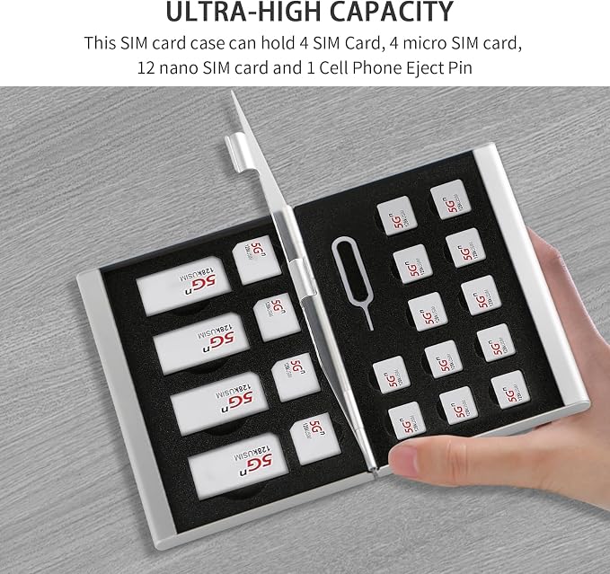 Aluminum SIM Card Case, 21Slots Ultrathin SIM Card Holder, Fit for 4 SIM Card, 4 Micro sim Card, 12 Nano sim Card and 1 Cell Phone Eject Pin Slots, Silver - Image 2