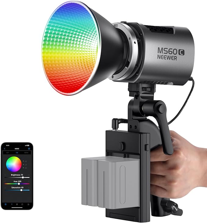 NEEWER MS60C RGBWW LED Video Light with 2.4G/App Control, 65W Metal Mini | RGB COB Continuous Output Lighting, Bowens Mount Handheld Spotlight, 2700K-6500K 8300lux CRI 97+/TLCI 98+ 17 Effects + RGBCW by Neewer