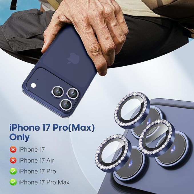 iPhone 17 Pro/17 Pro Max Camera Lens Protector Bling Diamond, Blue | Individual Metal, 9H Hardness, Scratch Resistant, Shockproof, Drop Protection, Case Friendly, Stylish Accessories - Image 2