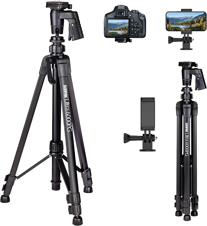 Sunpak 61" Aluminum Video & Camera Tripod with Pistol Grip Ball Head Stand | Lightweight, durable 61" tripod with self-leveling rubber feet, bull's-eye level, and geared center column. by SUNPAK