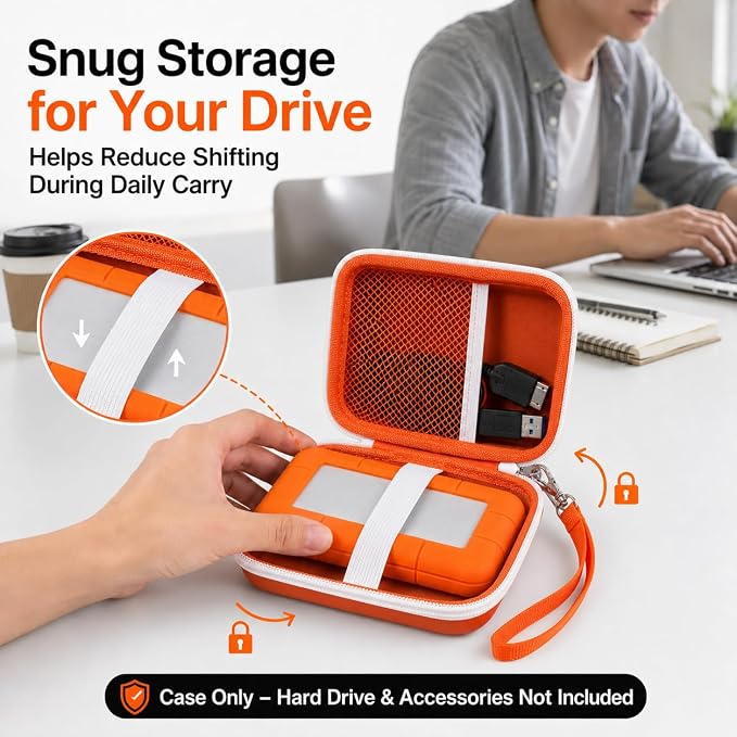 ALKOO Case for LaCie Rugged Mini 1TB/2TB/4TB/5TB External Hard Drive | Portable HDD Holder, Cable Pocket, SD Card Storage, for Photographers, Creators, Students, Office,Travel,Case Only,Tangerine - Image 4