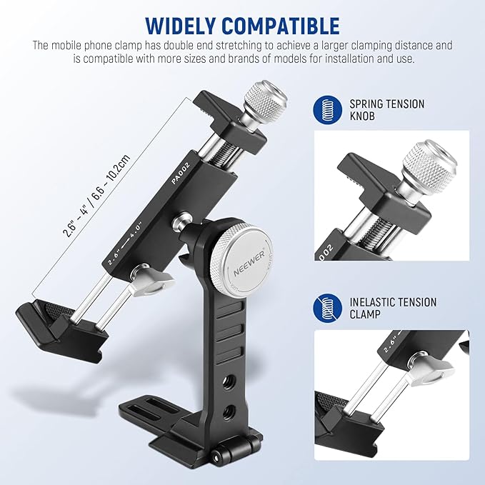 NEEWER Smartphone Tripod Mount Aluminum Alloy, 360° Rotatable Phone Stand | Cellphone Holder Clamp, Cold Shoe, Arca Base, Compatible with iPhone Samsung Galaxy Google Pixel & 2.6"-4" Wide Smartphones - Image 3