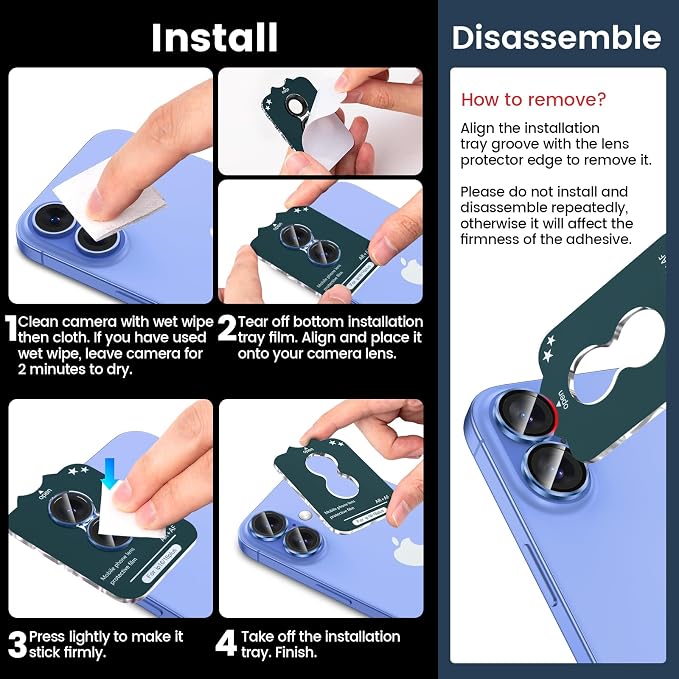 Tensea for iPhone 16/16 Plus Camera Lens Protector, Camera Cover | 9H Tempered Glass Camera Screen Protector, Metal Individual Ring for iPhone16 6.1inch/ 16Plus 6.7inch, HD Clear, Easy Install - Image 7