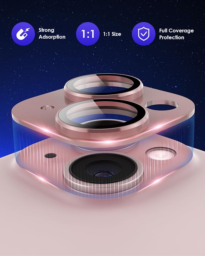 Compatible for iPhone 15/ iPhone 15 Plus/iPhone 14/ iPhone 14 Plus Camera Lens Protector Metal Plus Aluminium Alloy Ring 9H Tempered Glass Screen Camera Cover Pink - Image 2