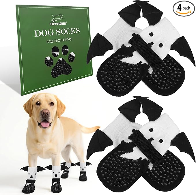 EXPAWLORER Halloween Anti Slip Dog Socks to Prevent Licking Paws, Boots & Paw Protectors with Grippers,Doggie Booties for Hardwood Floors for Small Medium Large Senior Dogs Costume White Ghost Wings L by EXPAWLORER