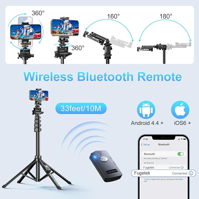 Fugetek 62" Professional Cell Phone Tripod, Ultra Stable 4 Leg Design, Bluetooth Remote, 100% All Aluminum Stick & Legs, Portable All in One, 360° Phone Mount with 2 Cold Shoe Slots, Non Skid Feet - Image 2