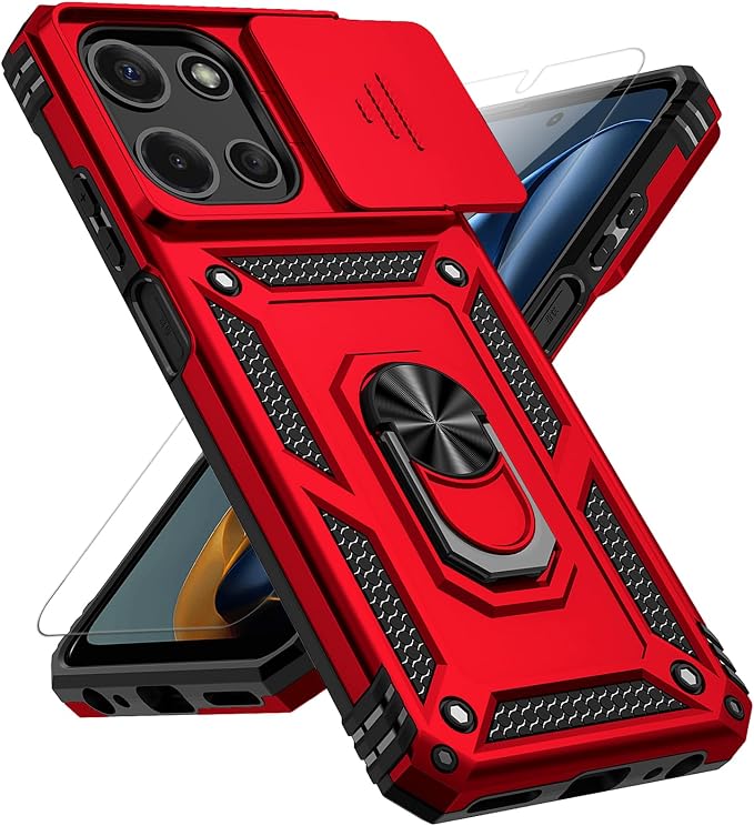 for Motorola Moto G 2025 / Moto G 2026 / Moto G Play 2026 Case, with Slide Camera Cover HD Screen Protector [Military Grade 16ft. Drop Tested] Ring Holder Kickstand Protective Phone Case, Red by PUSHIMEI
