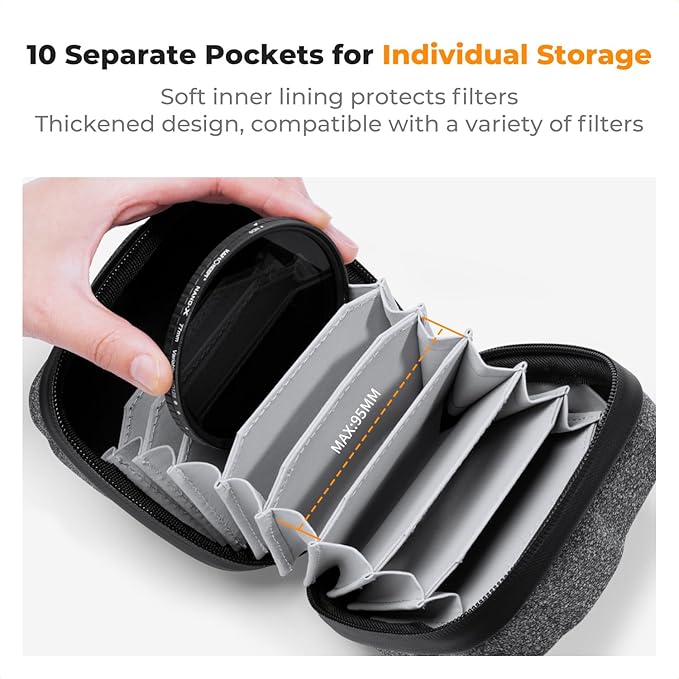 K&F CONCEPT 10 in 1 Lens Filter Case, Filter Bag Up to 95mm | Hard Shell Camera Filter Pouch, Hand Strap, Waterproof, For ND UV CPL Filter, BF01 - Image 2