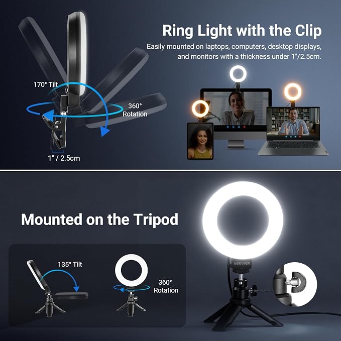 NEEWER Basic 5" Ring Light for Video Conference Lighting, Clip on Light Kit with Desk Tripod Stand for Monitor Laptop Computer Zoom Call Live Streaming Remote Working Learning Video Recording, BR60 - Image 4