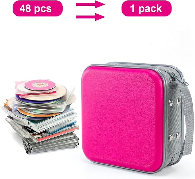LIOVODE DVD Case, 48 Capacity Hard Plastic CD Case Holder for Car | DVD Storage, Hand Strap, Zipper Closure, Scratch-Resistant Sleeves, CD Storage for Music Blu-Ray Game Disc for Travel Office - Image 2