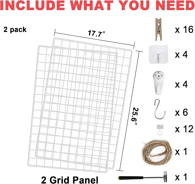 C&AHOME Photo Wall Display Set of 2, Wall Grid Panel, 17.7" x 25.6", White | Photo Display Shelves, Wall Storagae Organizer, Grid Panel, Hooks, Clips, Hemp Cord, Hammer - Image 6