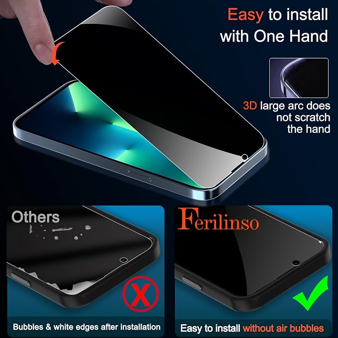 Ferilinso Privacy Screen Protector for iPhone 13 Pro, Tempered Glass | 2 Pack, 9H+ Hardness, Military-Grade Shatterproof, Case Friendly, Easy Installation Bubble Free, with Camera Lens Protectors - Image 4