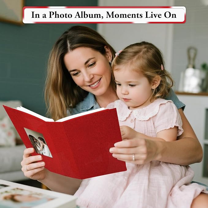 Photo Album 4x6,Linen Cover Slide-in Photo Album Book Can Holds 200 4x6 Photos with 50 Black Sheets for Baby Family Pictures Artwork or Postcards Storage (Red) - Image 7