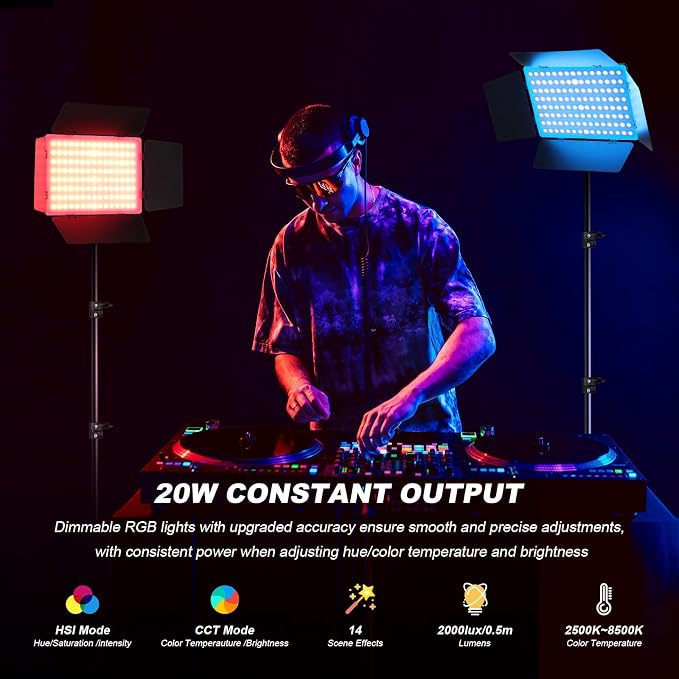 2Pack RGB LED Video Light Kit 12.6in with Barn Door RGB Photography Light | 20W/2500~8500K/14 Effect/2000lux@0.5m LED Panel Light Kit with Light Stand for Gaming Streaming Zoom YouTube Photography - Image 2