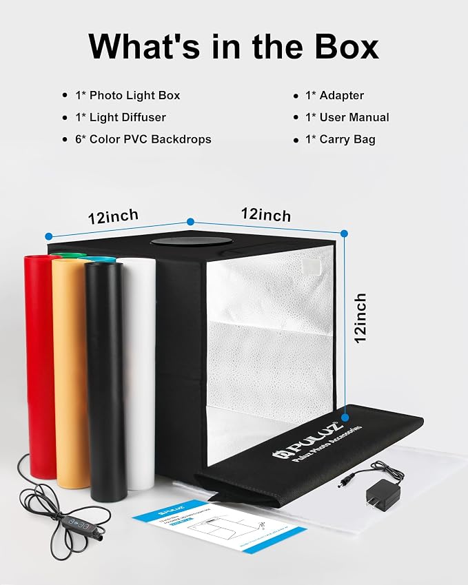 PULUZ Light Box Photography, 12"x12" Professional Dimmable Shooting Tent Kit with CRI >95 White Lighting 120 LEDs Lights + 6 Photo Backdrops for Product Display - Image 7