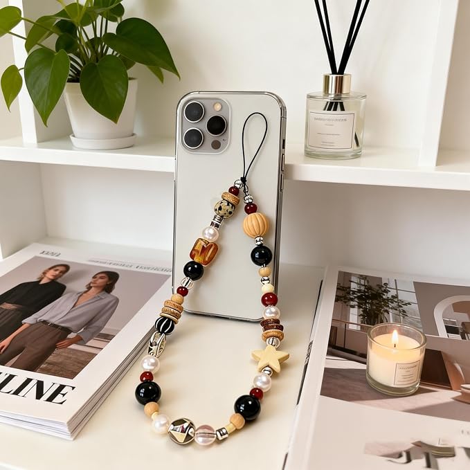 2 Pcs Phone Charm Strap Universal Hand Phone Wrist Strap Camera Lanyard Pearl Beaded Cute Chain String Accessories Universal for iPhone 17 16 Pro Max Samsung Women Girls Keychain Brown and White Star - Image 2