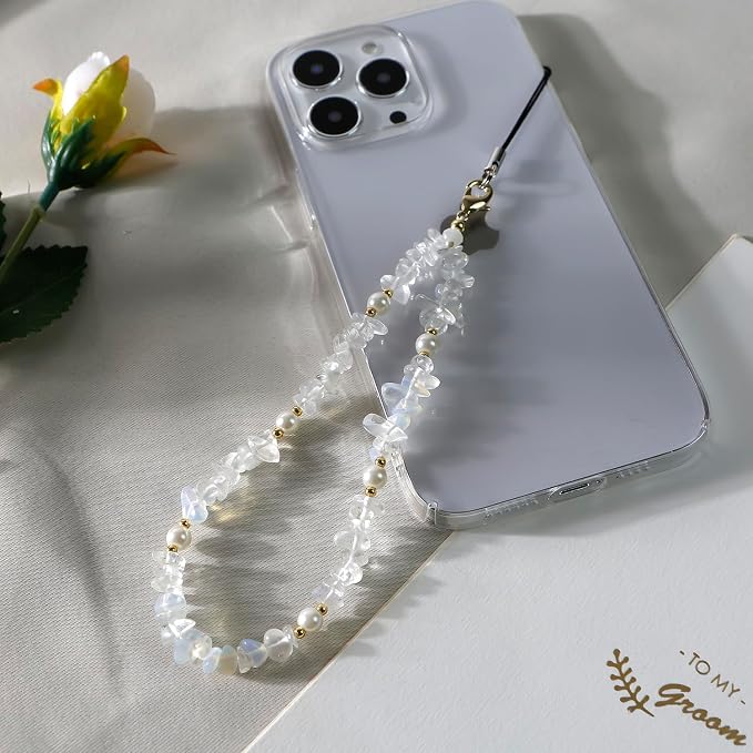 Phone Chain Phone Wrist Strap Natural Gemstone Phone Charms Cell Phone Lanyard Beaded Phone Strap for Women Girls(White) - Image 2
