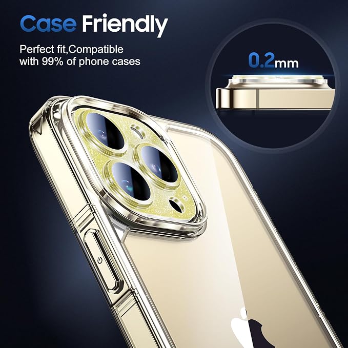 UniqueMe for iPhone 13 Pro Max/13 Pro Camera Lens Protector-Glitter Golden | 3 Pack-Acrylic, Not Glass, Case Friendly, Scratch-Resistant, Night Shooting Mode - Image 6
