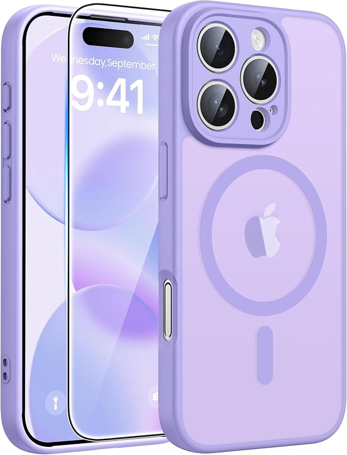 FNTCASE for iPhone 16 Pro Max Case, Fit for Magsafe, Glass Screen Protector | Full Camera Protection, Translucent Matte, 14FT Military Grade Drop Proof, Shockproof Protective Phone Cover, Light Purple by FNTCASE