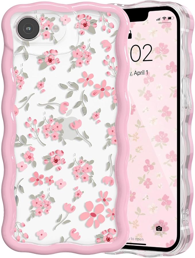 QLTYPRI for iPhone 17e/16e Pink Flower Case, Clear Cute Pink Floral Flower Phone Case Curly Wavy Aesthetic Phone Cover, Soft Slim Transparent TPU Shockproof Protective Cover for Women Girls - Pink by QLTYPRI