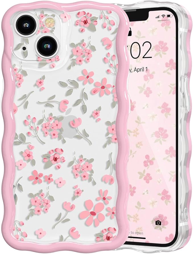 QLTYPRI for iPhone 12 Pink Flower Case, Clear Cute Pink Floral Flower Phone Case Curly Wavy Aesthetic Phone Cover, Soft Slim Transparent TPU Shockproof Protective Cover for Women Girls - Pink by QLTYPRI