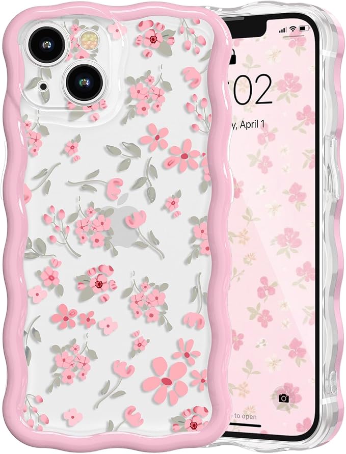 QLTYPRI for iPhone 14 Pink Flower Case, Clear Cute Pink Floral Flower Phone Case Curly Wavy Aesthetic Phone Cover, Soft Slim Transparent TPU Shockproof Protective Cover for Women Girls - Pink by QLTYPRI