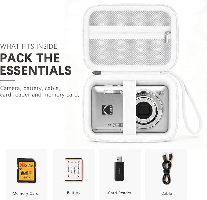 Camera Carrying Case for KODAK PIXPRO FZ55/ FZ45 Digital Camera | Camera Storage Case. Hard Protective Bag With Mesh Pocket Fits Batteries Cable Memory Card Card Reader, White - Image 3