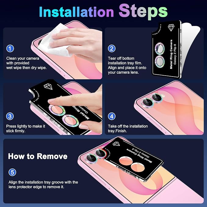 Meshine for Samsung Galaxy Z Flip 8 Camera Lens Protector,Scratch Proof,Strong Adsorption,9H Hardness with Metal Ring Camera Cover,Ultra Thin Case Friendly,Accessories Lens Protector,Glitter Colorful - Image 8